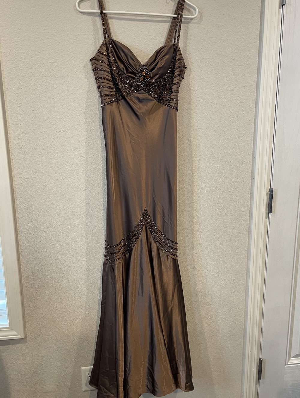 NWT DAVE & JOHNNY Vintage 90s Brown Satin Beaded Mermaid Formal Gown Size 7/8